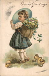 Easter Greetings - Girl with Egg and Chicks Postcard