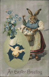 An Easter Greeting - Rabbit with Basket of Eggs, Chick Hatching Postcard