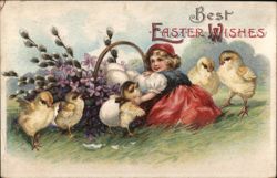 Best Easter Wishes, Girl with Chicks and Eggs Postcard