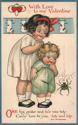 With Love to My Valentine, Girl and Boy with Spider Postcard