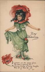 Girl in Green Dress with Poppy Hat Postcard