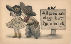 Cowboy Whispering to Girl, "All Men Are Clay: But I'm a Brick" Postcard