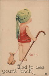 Glad to See You're Back - Child with Teddy Bear and Cane Postcard