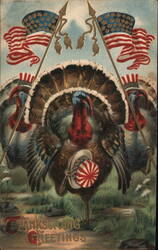 Thanksgiving Greetings - Three Turkeys with US Flags Postcard