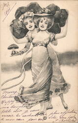 Conjoined Twins Holding Mushroom, New Year 1901 Postcard