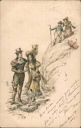 Couple Strolling, Figures on Cliff, Comic Postcard