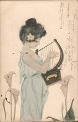 Young Girl Playing a Lyre, with Calla Lilies Postcard