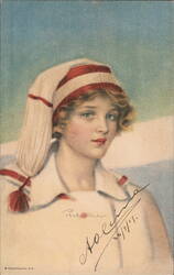 Young Woman in a White and Red Striped Knit Cap Postcard