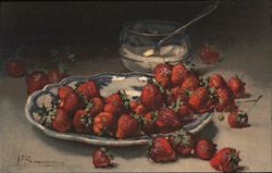 Strawberries on a blue pattern plate with sugar bowl Postcard