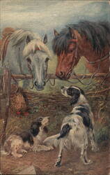 Faithful Friends - Two Horses and Two Dogs Postcard