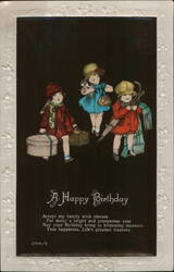 A Happy Birthday - Three Children with Gifts and Umbrella Postcard