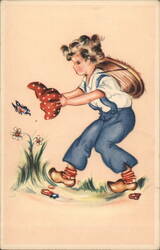 Child Chasing Butterfly with Red Polka Dot Cloth Postcard