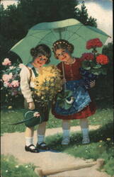 Children with Flowers and Umbrella Postcard