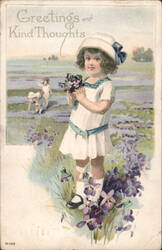 Greetings and Kind Thoughts - Girl with Violets Postcard