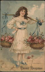 Girl with Baskets of Roses and Letter, "Prosit Neujahr!" Postcard