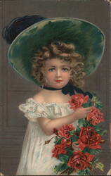 Little Girl with Roses and a Green Hat Postcard