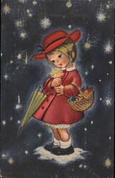 Bonne Année - Little Girl with Sparkler, Umbrella and Basket Postcard