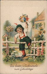 Boy in Lederhosen with Flowers, Birthday Greeting Postcard