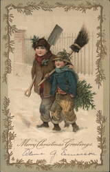 Merry Christmas Greetings - Two Boys with Shovel, Broom, and Tree Postcard