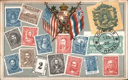 Souvenir of Hawaii with Crossed Flags and Stamps Postcard