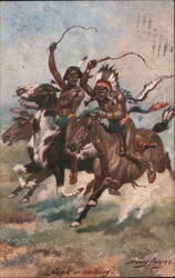 Neck or Nothing - Native American Indians on Horseback Postcard