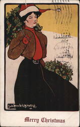 Merry Christmas Woman with Holly Postcard