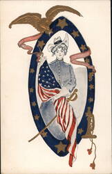 Patriotic Girl with US Flag Postcard