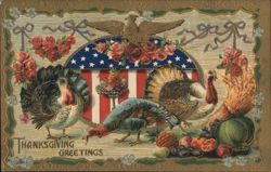 Thanksgiving Greetings Turkeys, Cornucopia, & American Flag Postcard