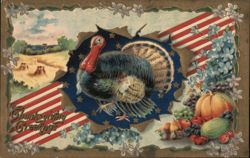 Thanksgiving Greetings Turkey on American Flag Postcard