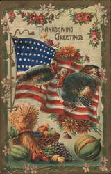 Thanksgiving Greetings - Turkeys, Flag, and Harvest Bounty Postcard