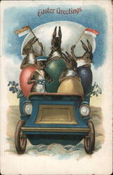 Easter Bunnies in an Antique Car Postcard