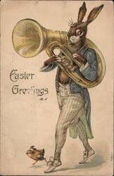 Easter Bunny Playing Tuba with Chick Postcard