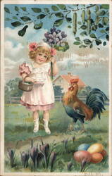 Easter Greetings - Girl with Violets, Rooster, and Eggs Postcard