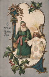 A Merry Christmas - Santa Claus with Child in White Robe Postcard