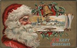 A Merry Christmas - Santa Claus with Winter Village Scene Postcard