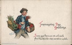 Thanksgiving Greetings - Boy with Baskets of Food Postcard