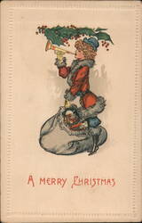 A Merry Christmas - Girl Blowing Horn, Toy Train Postcard