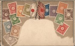 Japanese Flags with Chrysanthemum Crest Stamps Postcard