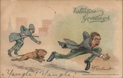 Valentine Greetings - Man Chased by Dog and Policeman Postcard