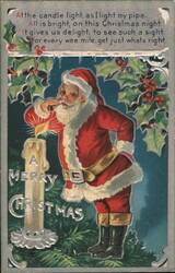 Santa Claus Lighting His Pipe with a Christmas Candle Postcard