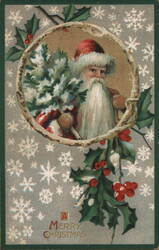 Santa Claus with Holly and Snowflakes Postcard