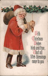 Santa Claus with Bag of Toys and Christmas Bell Postcard