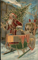 A Merry Christmas - Santa Claus Delivering Gifts Postcard