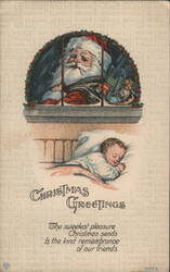 Santa Claus at Window, Sleeping Baby, Christmas Greetings Postcard