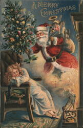 Santa Claus Bringing Christmas Tree to Sleeping Child Postcard