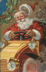 Santa Claus Driving Antique Car Postcard