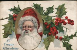 A Happy Christmas Santa Claus with Holly Berries Postcard