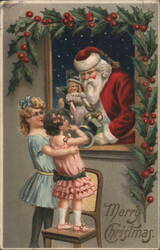 Merry Christmas Santa Claus with Toys and Two Girls Postcard