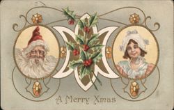 A Merry Xmas - Santa Claus, Young Girl, and Holly Postcard