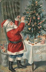 Santa Claus Decorating a Christmas Tree Postcard